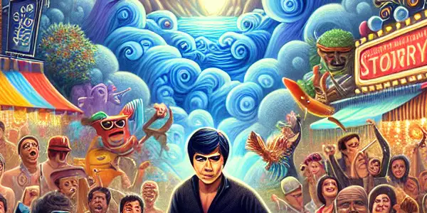 A lively street market scene featuring quirky characters, dreamlike landscapes, and a whimsical atmosphere inspired by Stephen Chow's films.