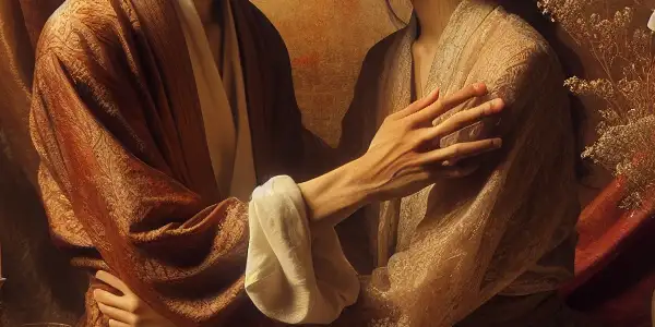 A tender moment of emotional connection between two figures in an intimate, softly lit setting.