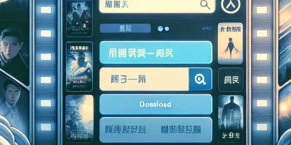 A modern digital interface for a movie download platform featuring HD thumbnails, a search bar, and a download button.