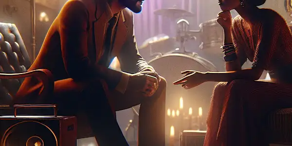An intimate, dimly lit room with two characters engaged in deep conversation, surrounded by musical elements and soft glowing lights.