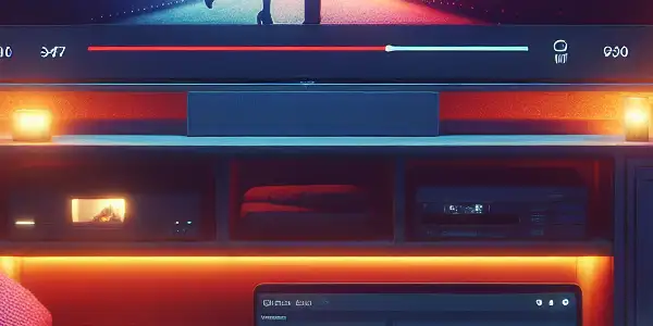 A cozy living room with a TV displaying a romantic film, popcorn, tea, and a laptop with a VPN.