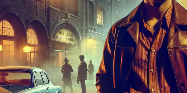 A confident young man in a vintage leather jacket poses on a cobblestone street, evoking 1970s Italian urban charm.