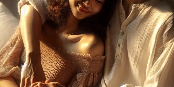 A young couple shares a tender moment in a cozy, softly lit room filled with warmth and intimacy.