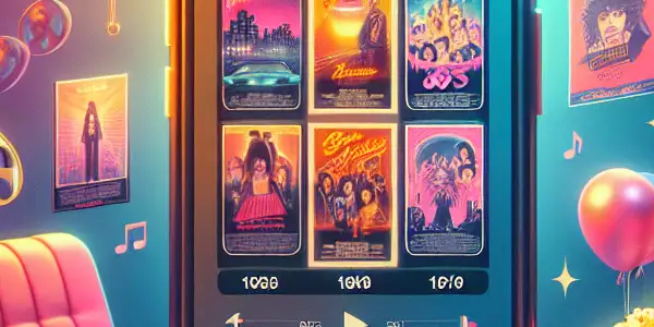 A retro mobile phone displays classic 80s movie posters in a nostalgic cinema setting with vintage elements.