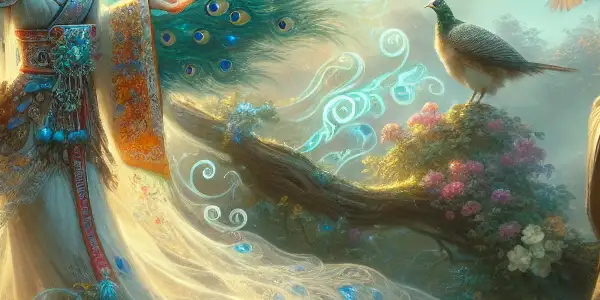 A Dai princess transforming into a peacock in a vibrant, enchanting forest with a young hunter admiring her.