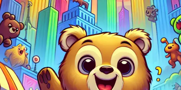 A clumsy bear navigates a colorful urban landscape filled with humorous mishaps and quirky friends.
