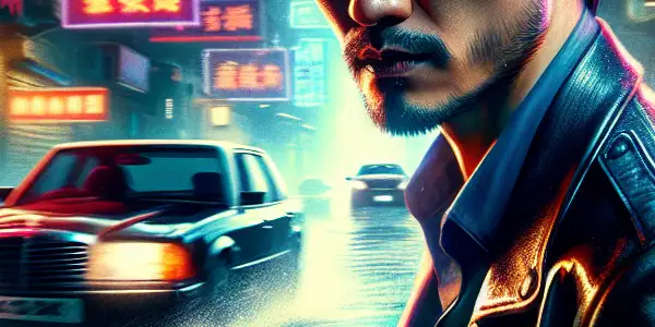Anthony Wong as a charismatic gangster in a gritty, neon-lit Hong Kong street at night.