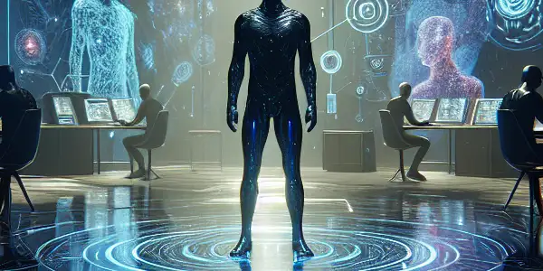 A determined protagonist in a futuristic outfit stands in a dimly lit high-tech room filled with holograms and shadows.