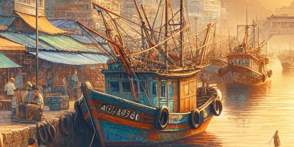 A vibrant fishing port scene in Aberdeen, Hong Kong, with boats, seafood vendors, and a warm sunset atmosphere.