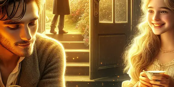 A young couple in a cozy living room, reflecting on time and love, with a glowing antique clock and a sunset garden view.