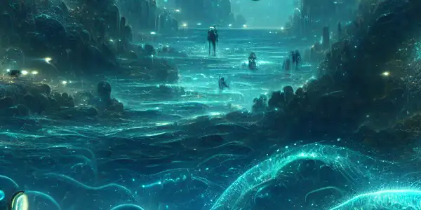 Divers in high-tech suits explore a mysterious, bioluminescent underwater landscape filled with alien objects and shadowy creatures.