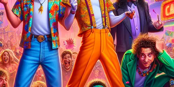 A whimsical scene featuring Jim Carrey's iconic characters in a vibrant, surreal landscape filled with humor and adventure.