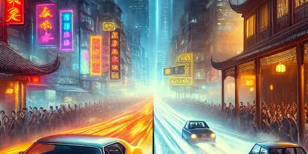 A thrilling scene featuring a high-speed street chase and an intense martial arts duel in contrasting urban and dojo settings.