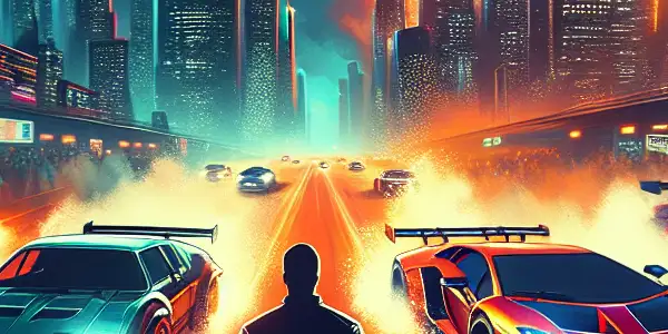 High-speed street racing with colorful sports cars, explosions, and a shadowy hero in a neon-lit city.